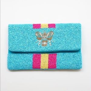 Queen Bee Beaded Crossbody Purse, Aqua Turquoise Pink Striped Preppy Clutch